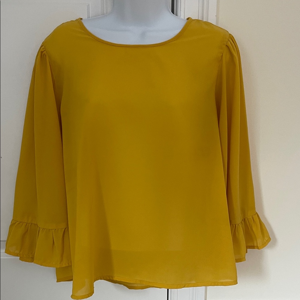 Japna Mustard Yellow Sheer Blouse with Ruffle Sleeves